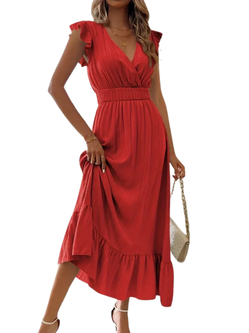 ARIELLE™ – Shirred V-Neck Casual Long Dress