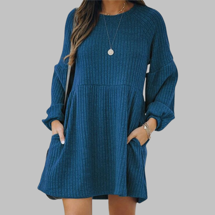 MONGO™ - Cozy Ribbed Bishop Sleeve Round Neck Mini Dress