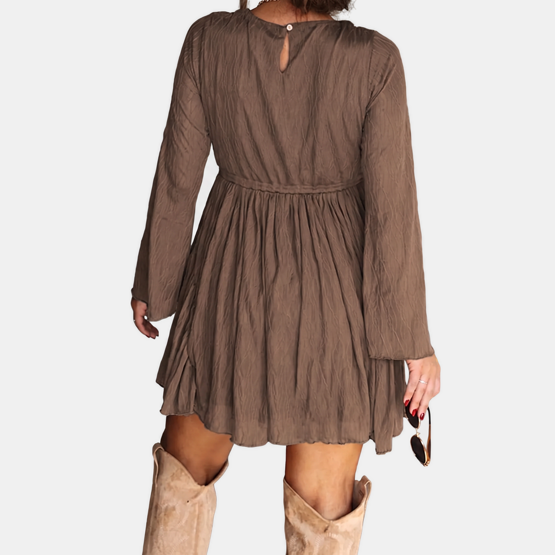 Women's Belted Round Neck Sleeve Stretch Mini Dress