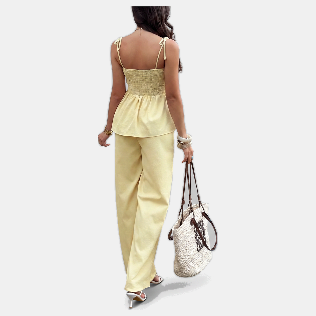 Women's Tie Waist Wide Leg Pants and Ruffled Cami Top Two Piece Set