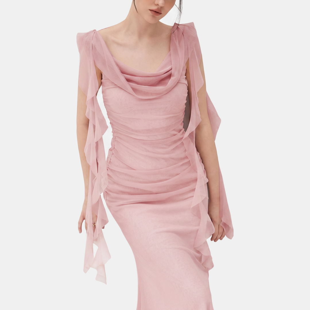 Women's Ruffle Hem Open Back Sleeveless Ruched Maxi Dress