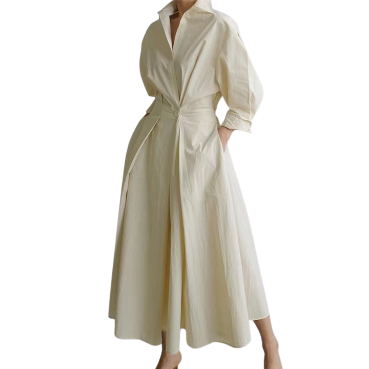 CASSIE™ - Women’s Plain Button Front Wrap A-Line Casual Collared Long Dress