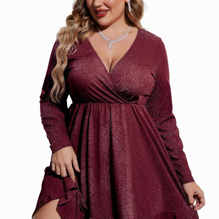 MATHILDE™ - Plus Size Glitter V-Neck Ruffle Hem Swing Cocktail Dress