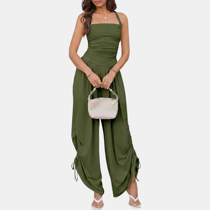 Women's Halter Neck Ruched Bodice Wide Leg Jumpsuit