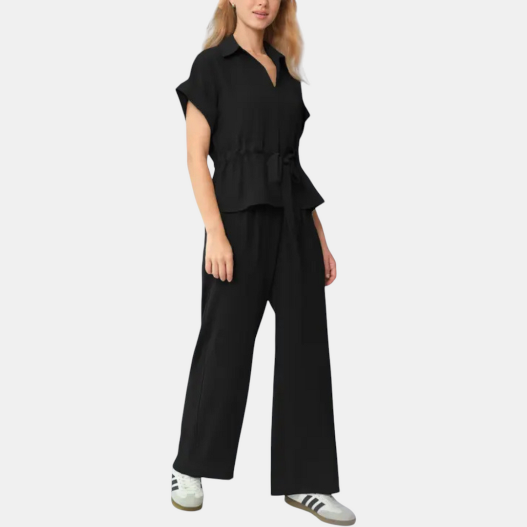 Women's Collared Short Sleeve Top and Wide Leg Trousers Co-ord Set