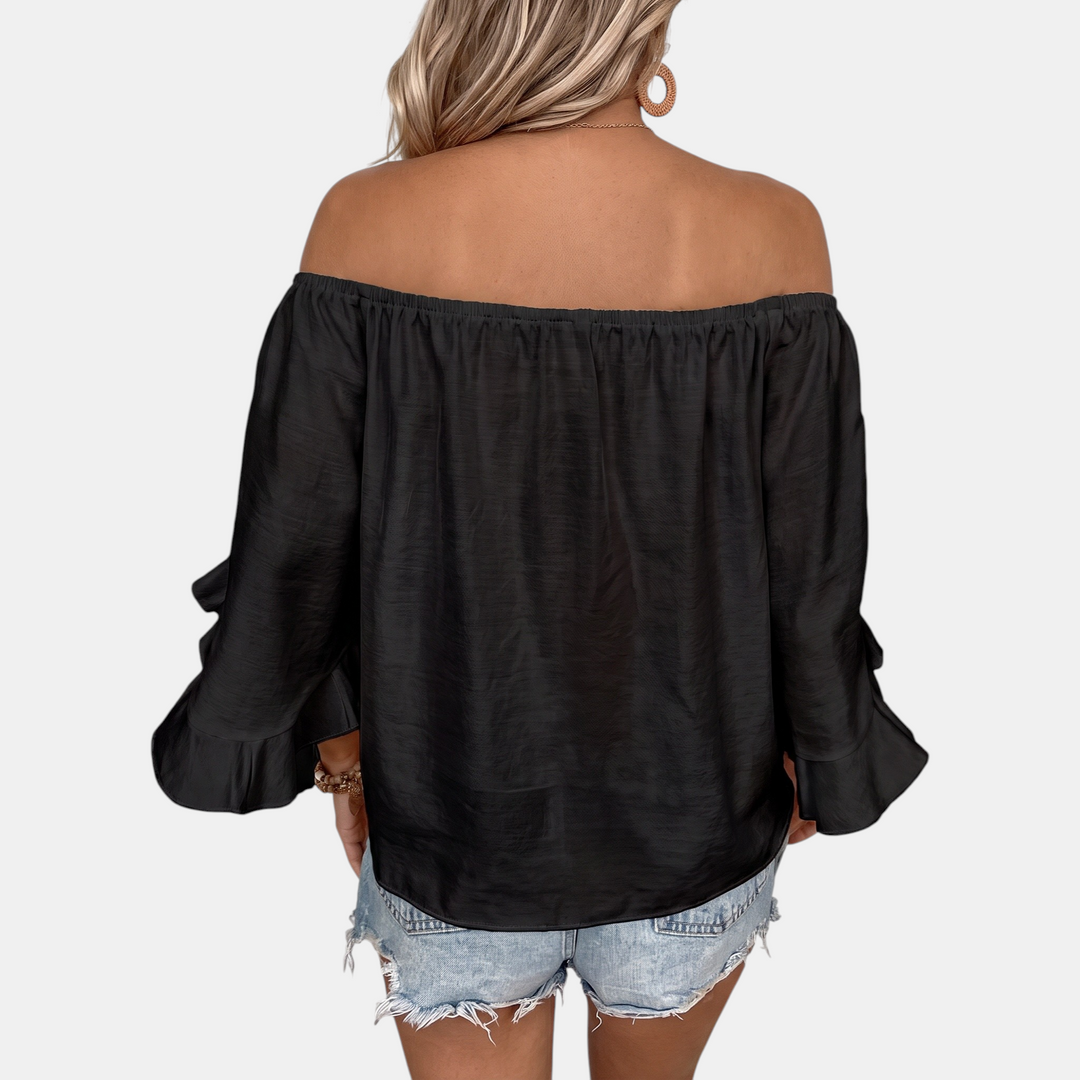 Women's Off Shoulder Bell Sleeve Tie Waist Loose Blouse