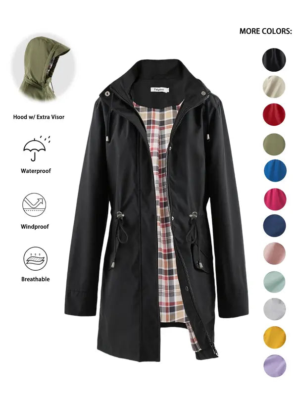 QING™ - Casual Drawstring Zip Up Hooded Trench Coat