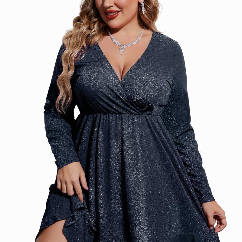 MATHILDE™ - Plus Size Glitter V-Neck Ruffle Hem Swing Cocktail Dress