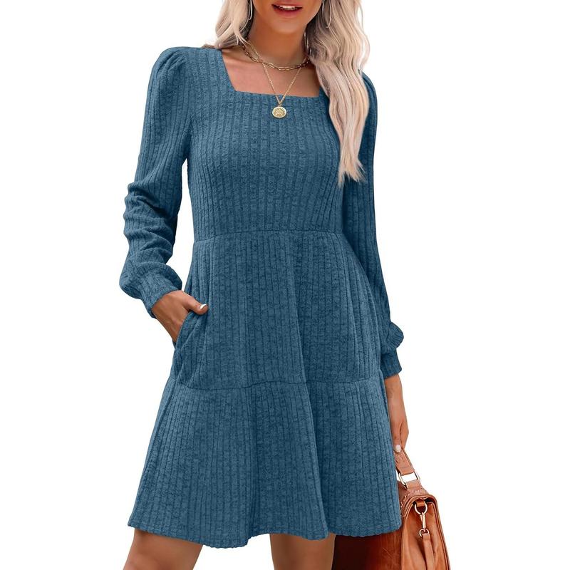 ELIZA™ - Cozy Square Neck Long Sleeve Babydoll Sweater Dress