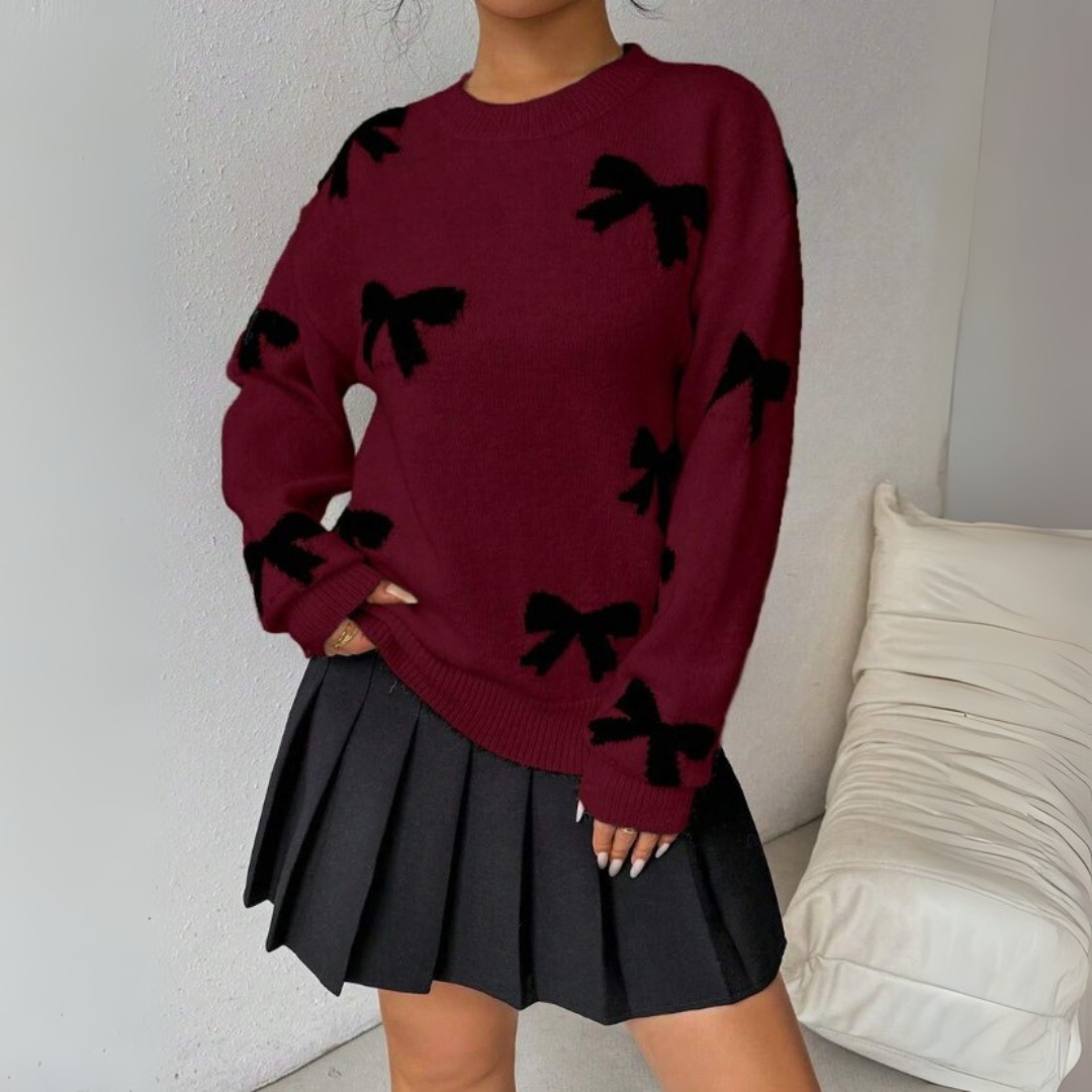 HATA™ - Comfy Bow Print Pullover Sweater