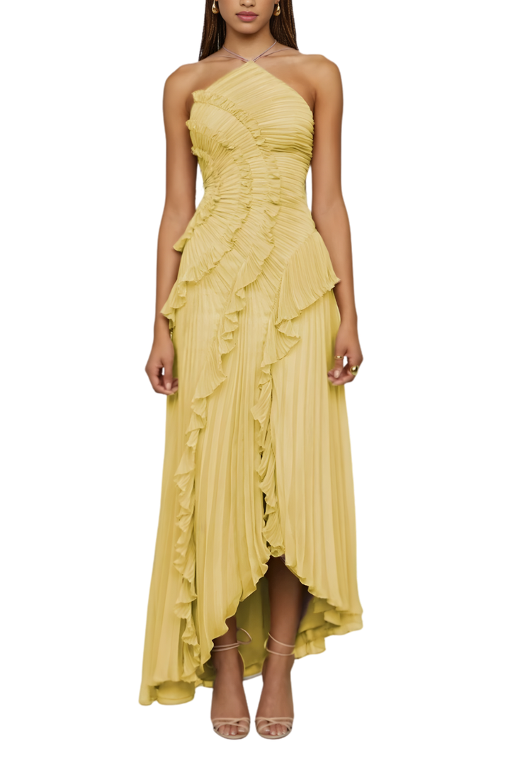 JENNIE™ – Elegant Lotus-Inspired Halter Neck Maxi Dress