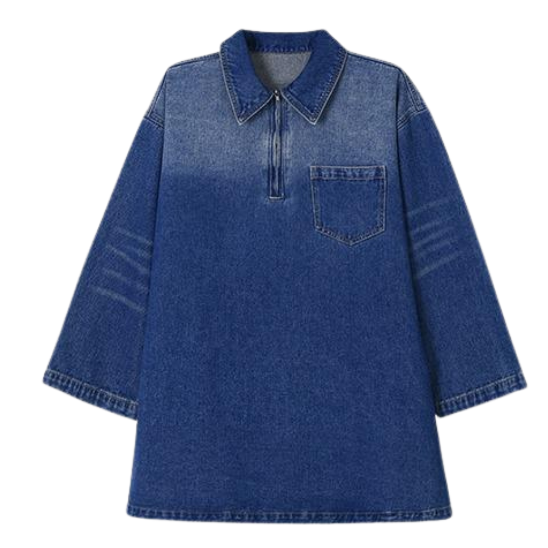MARIA™ - Loose Fit Denim Dress with Chest Pocket Half-Zip Collared Neck