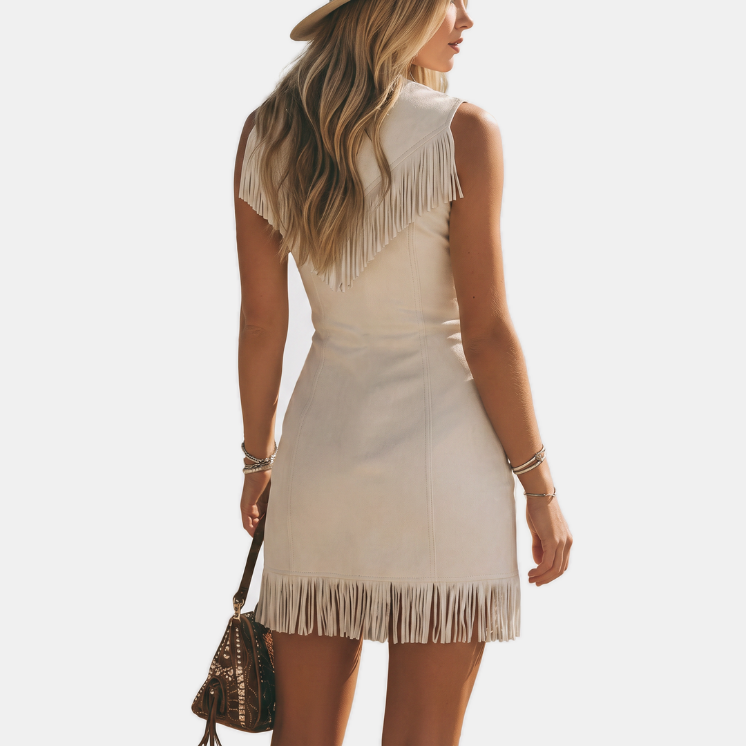 Women's Zip Front Faux Suede Fringe Mini Dress Western