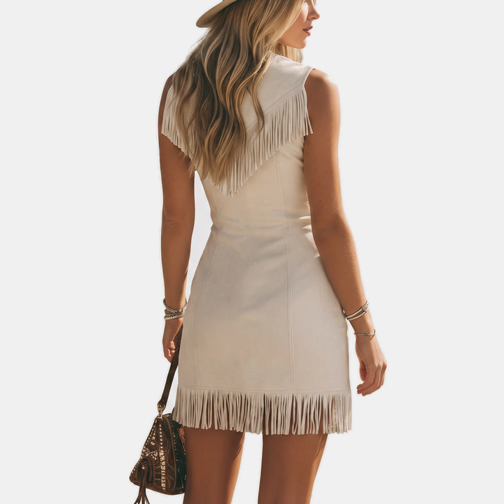 Women's Zip Front Faux Suede Fringe Mini Dress Western