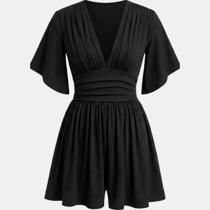 Women's Ruched High Waist Wide Leg V-Neck Summer Romper