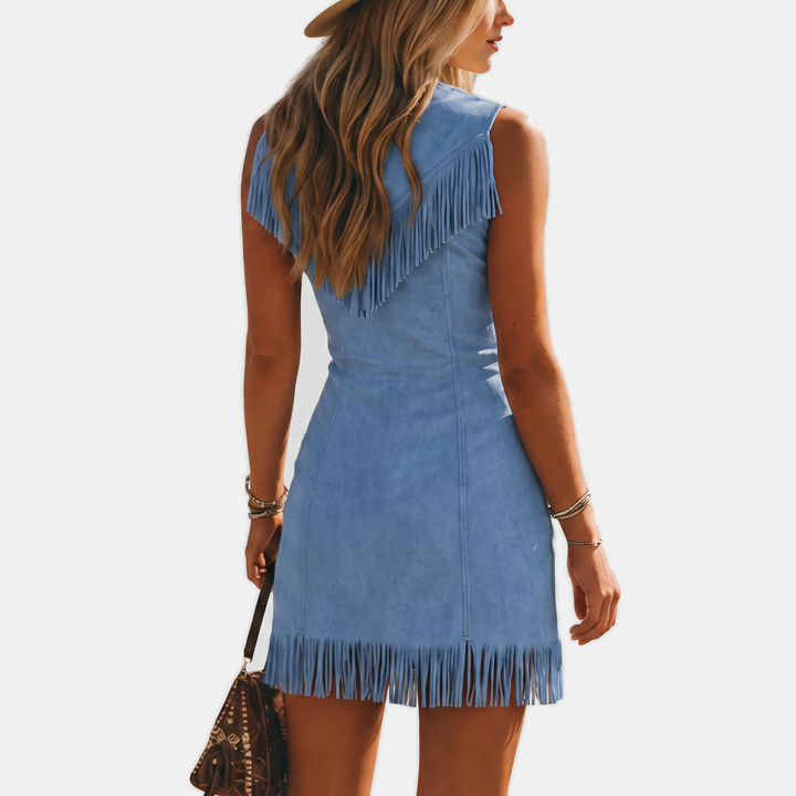 Women's Zip Front Faux Suede Fringe Mini Dress Western