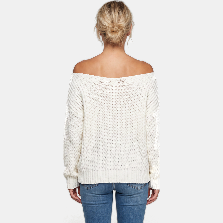 Women's Drop Shoulder Hollow Knit Pullover V-Neck Sweater
