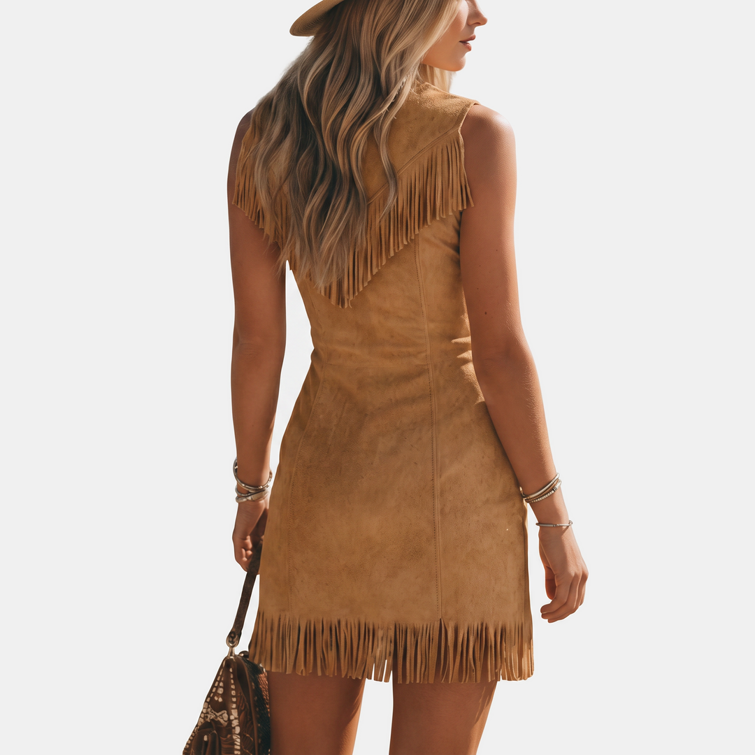 Women's Zip Front Faux Suede Fringe Mini Dress Western
