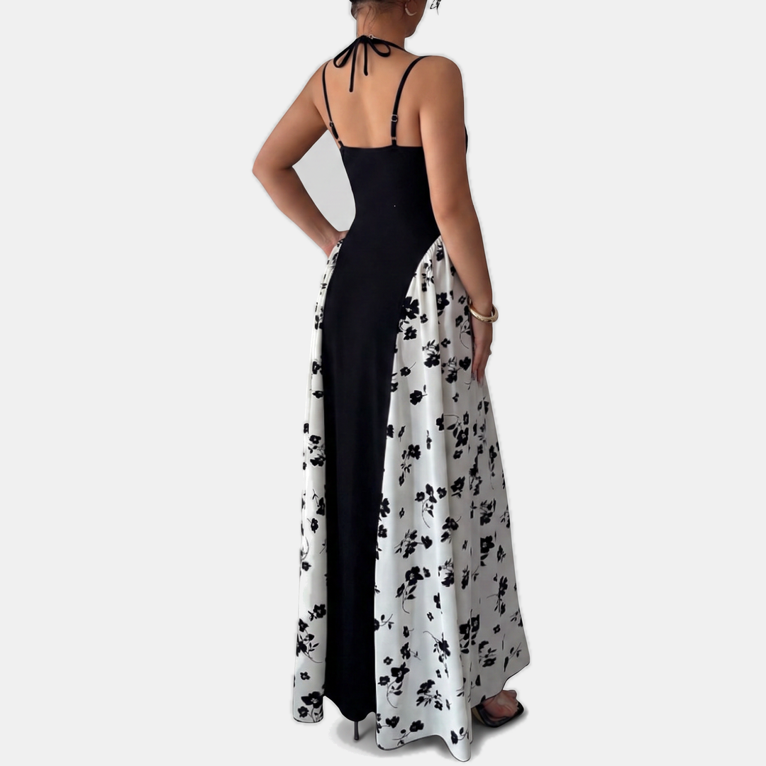 Women's Backless Contrast Print Spaghetti Strap Maxi Dress