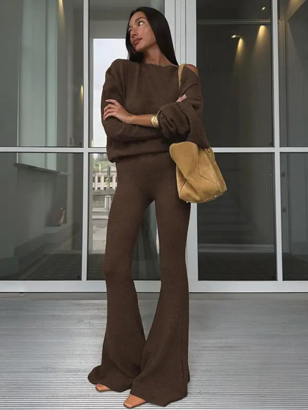 ONNA™ - Chic Asymmetrical Neck Top and Flare Pants Set