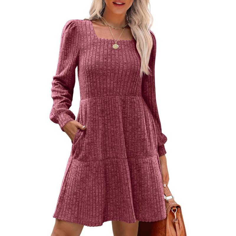 ELIZA™ - Cozy Square Neck Long Sleeve Babydoll Sweater Dress
