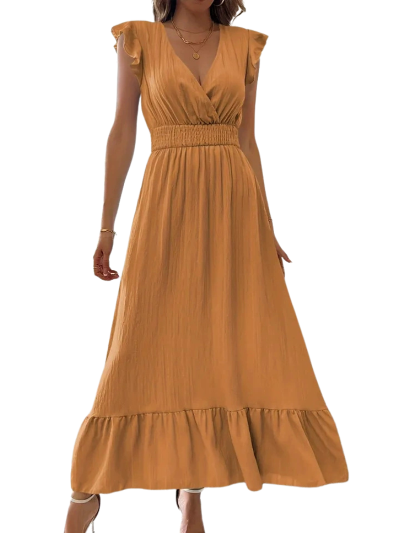 ARIELLE™ – Shirred V-Neck Casual Long Dress