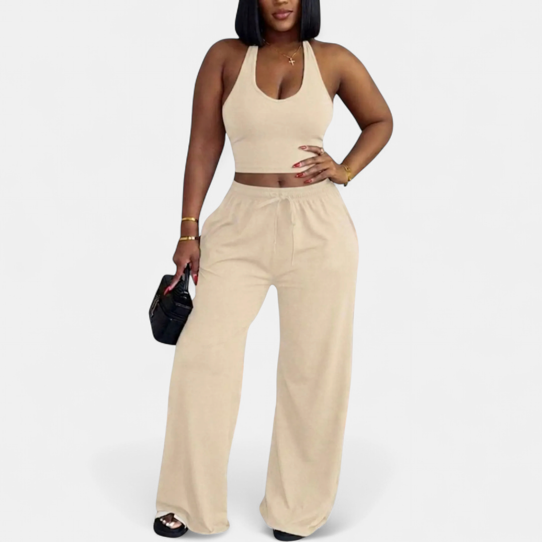 SOLÈNE™ – Halter Neck Cinch Crop & Wide-Leg Pants Set