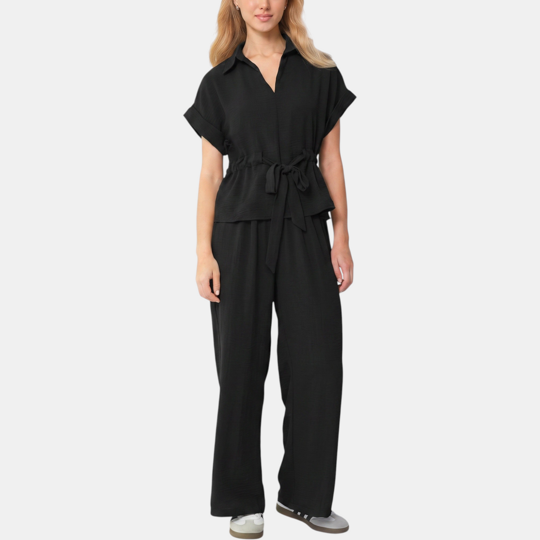 Women's Collared Short Sleeve Top and Wide Leg Trousers Co-ord Set