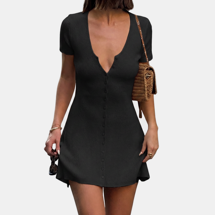 Women's Button Front Deep V-Neck Short Sleeve A Line Dress