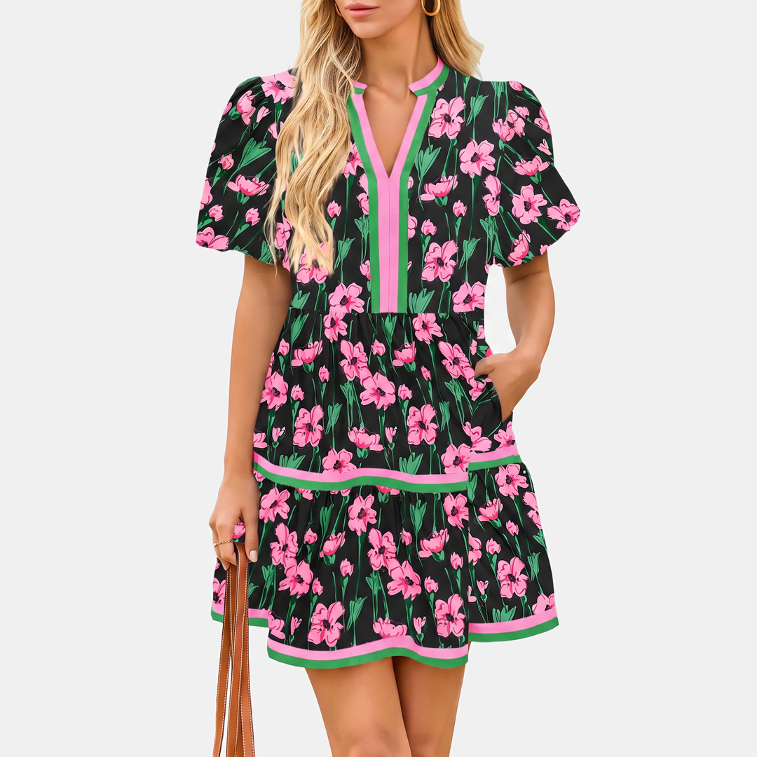 Women's Patchwork Puff Sleeve V-Neck A Line Mini Sundress
