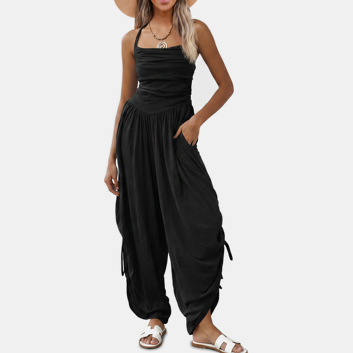 Women's Halter Neck Ruched Bodice Wide Leg Jumpsuit