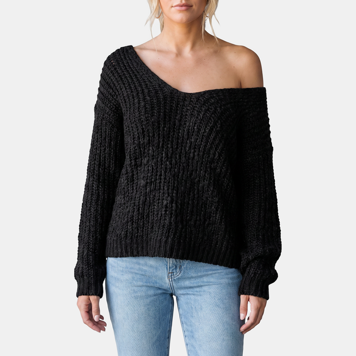 Women's Drop Shoulder Hollow Knit Pullover V-Neck Sweater