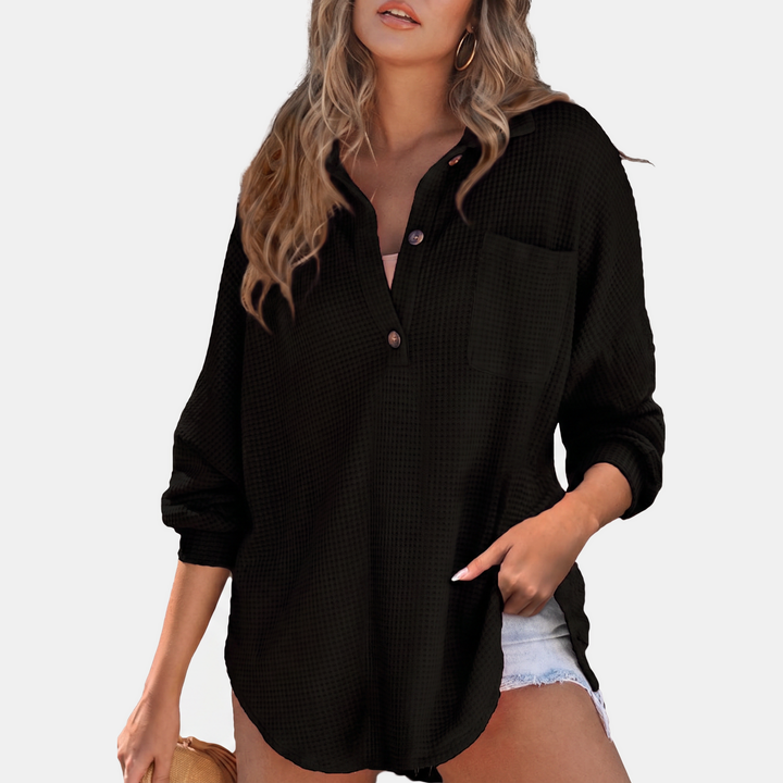 Women's Button V Neck Long Sleeve Waffle Knit Tunic Top