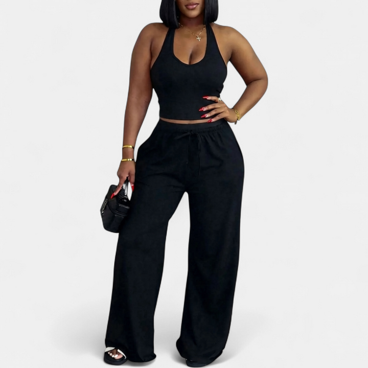 SOLÈNE™ – Halter Neck Cinch Crop & Wide-Leg Pants Set