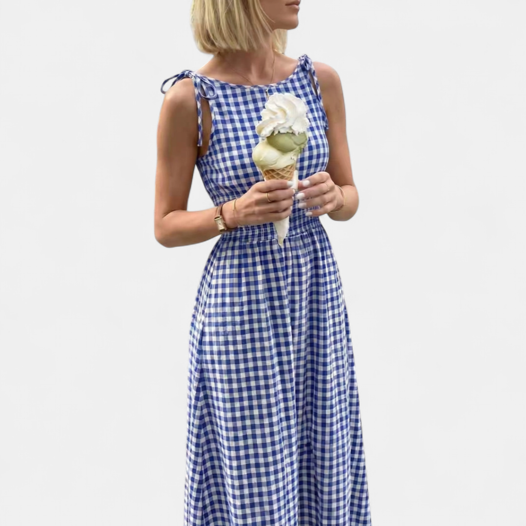 PETAL™ – Plaid Tie-Shoulder Ruffle Maxi Dress