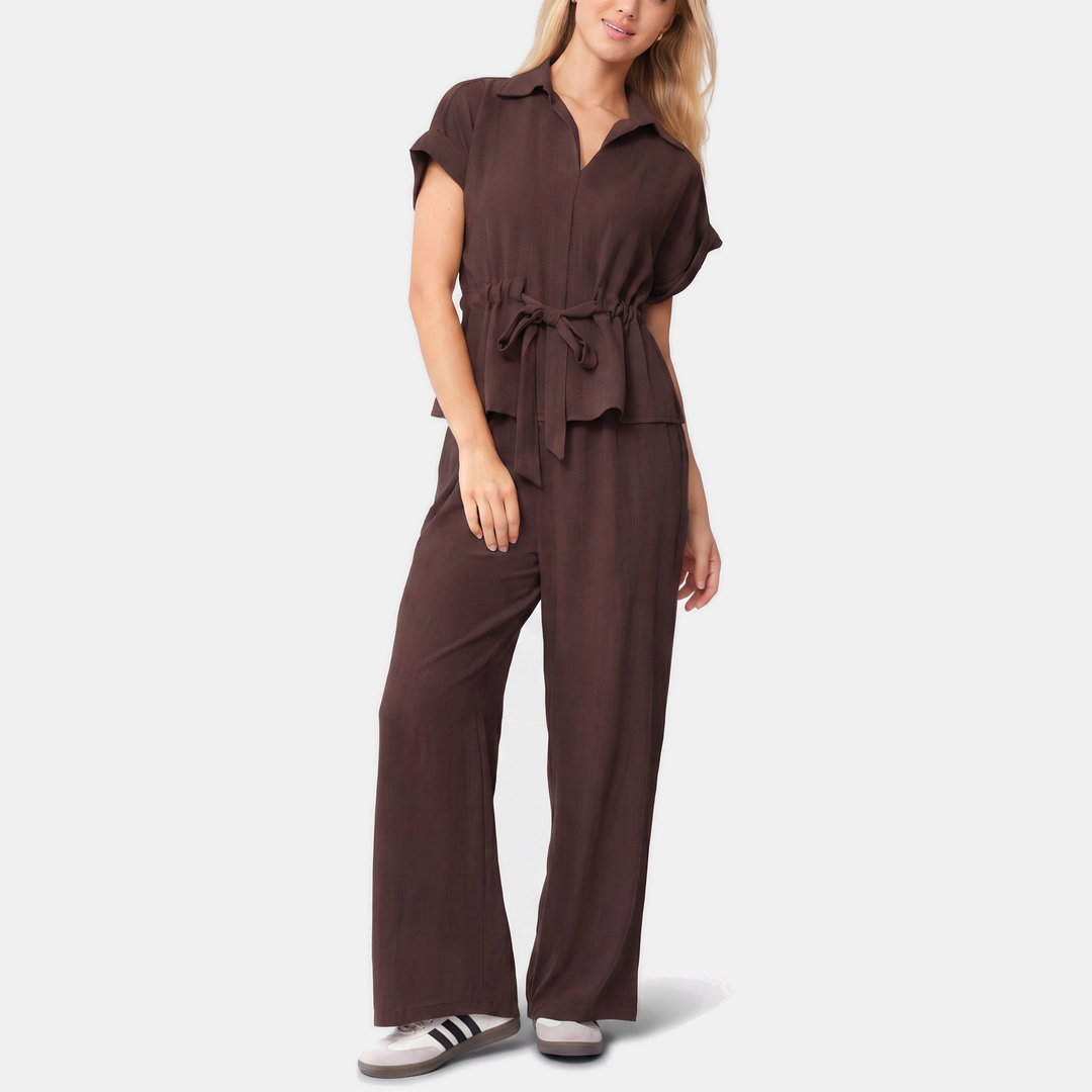 Women's Collared Short Sleeve Top and Wide Leg Trousers Co-ord Set