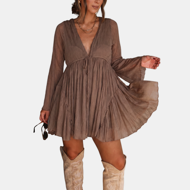 Women's Belted Round Neck Sleeve Stretch Mini Dress