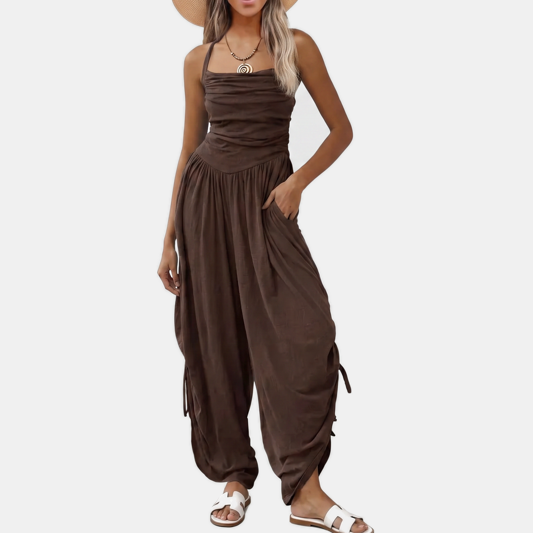 Women's Halter Neck Ruched Bodice Wide Leg Jumpsuit