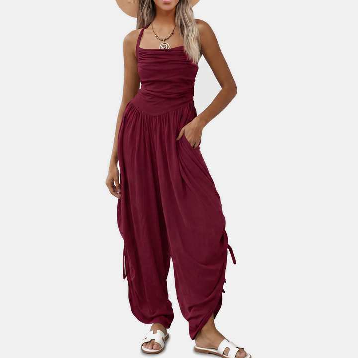 Women's Halter Neck Ruched Bodice Wide Leg Jumpsuit