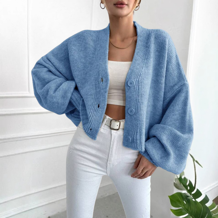 QONY™ - Casual Crop Lantern Sleeve Cardigan