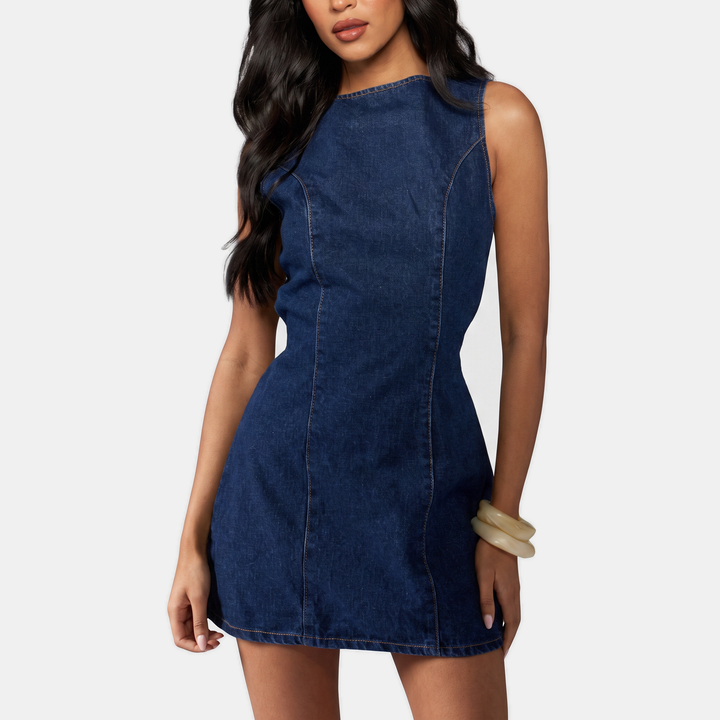 Women's Sleeveless Zip Front A Line Denim Dress