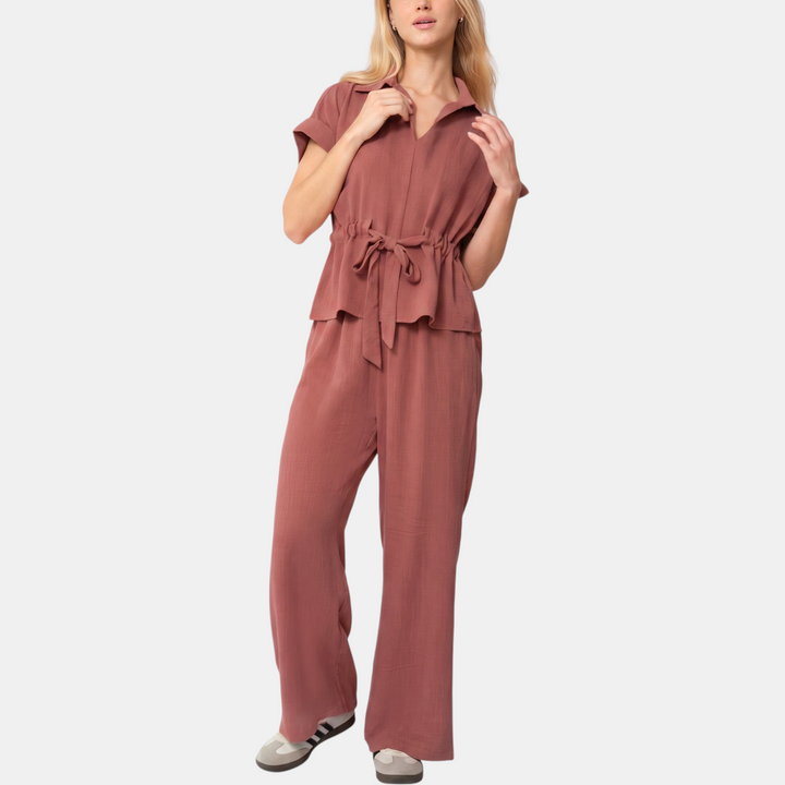 Women's Collared Short Sleeve Top and Wide Leg Trousers Co-ord Set