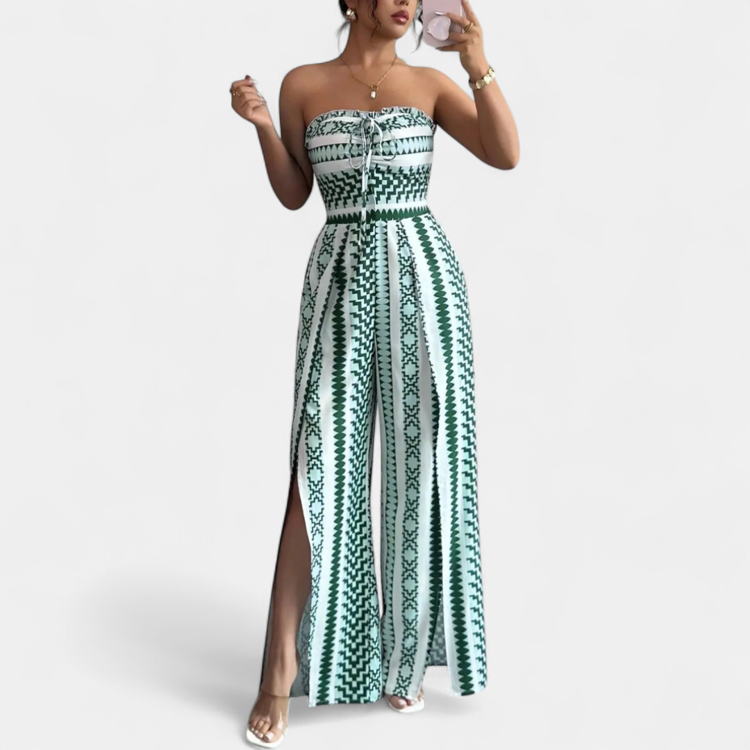 SOLARA™ – Boho Leaf Print Wide Leg Jumpsuit