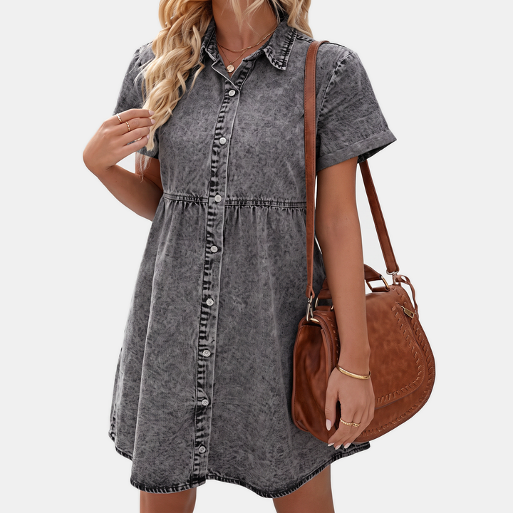 Women's Washed Denim Button Down Ruffle Tiered Mini Dress