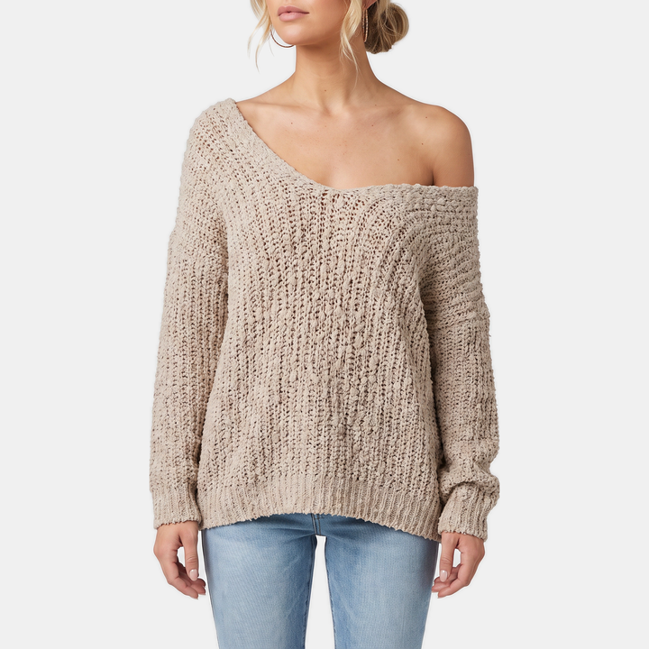 Women's Drop Shoulder Hollow Knit Pullover V-Neck Sweater