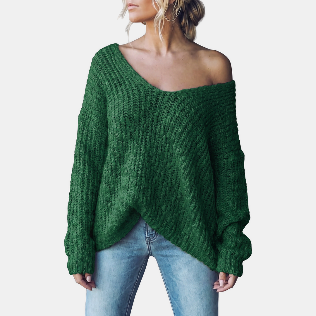 Women's Drop Shoulder Hollow Knit Pullover V-Neck Sweater