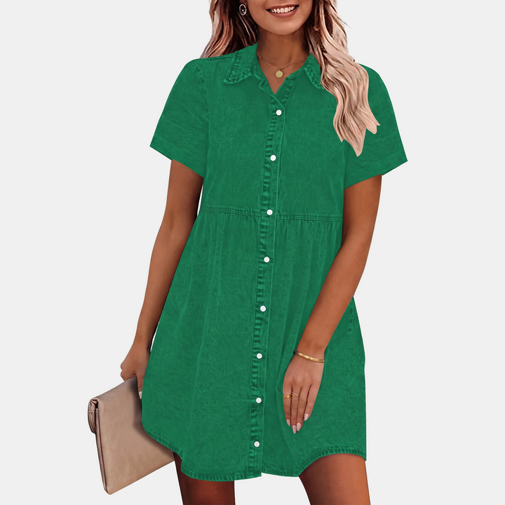 Women's Washed Denim Button Down Ruffle Tiered Mini Dress