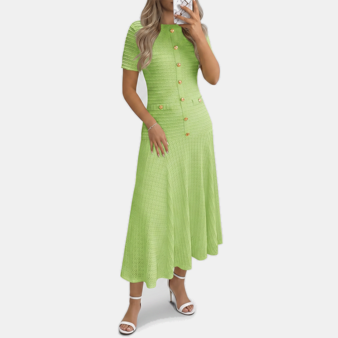 Women's Button Front Short Sleeve Slim Fit Midi A Line Dress