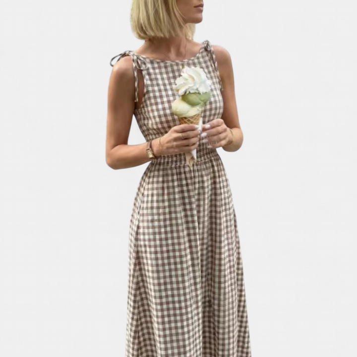 PETAL™ – Plaid Tie-Shoulder Ruffle Maxi Dress