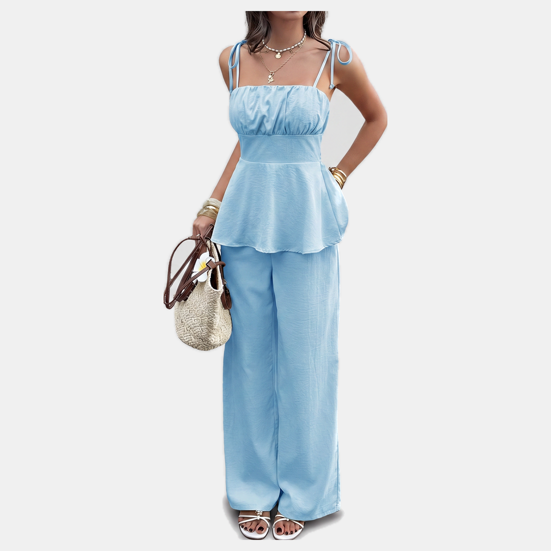 Women's Tie Waist Wide Leg Pants and Ruffled Cami Top Two Piece Set